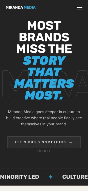 Miranda Media website, designed and built by MarketKind, shown on a phone