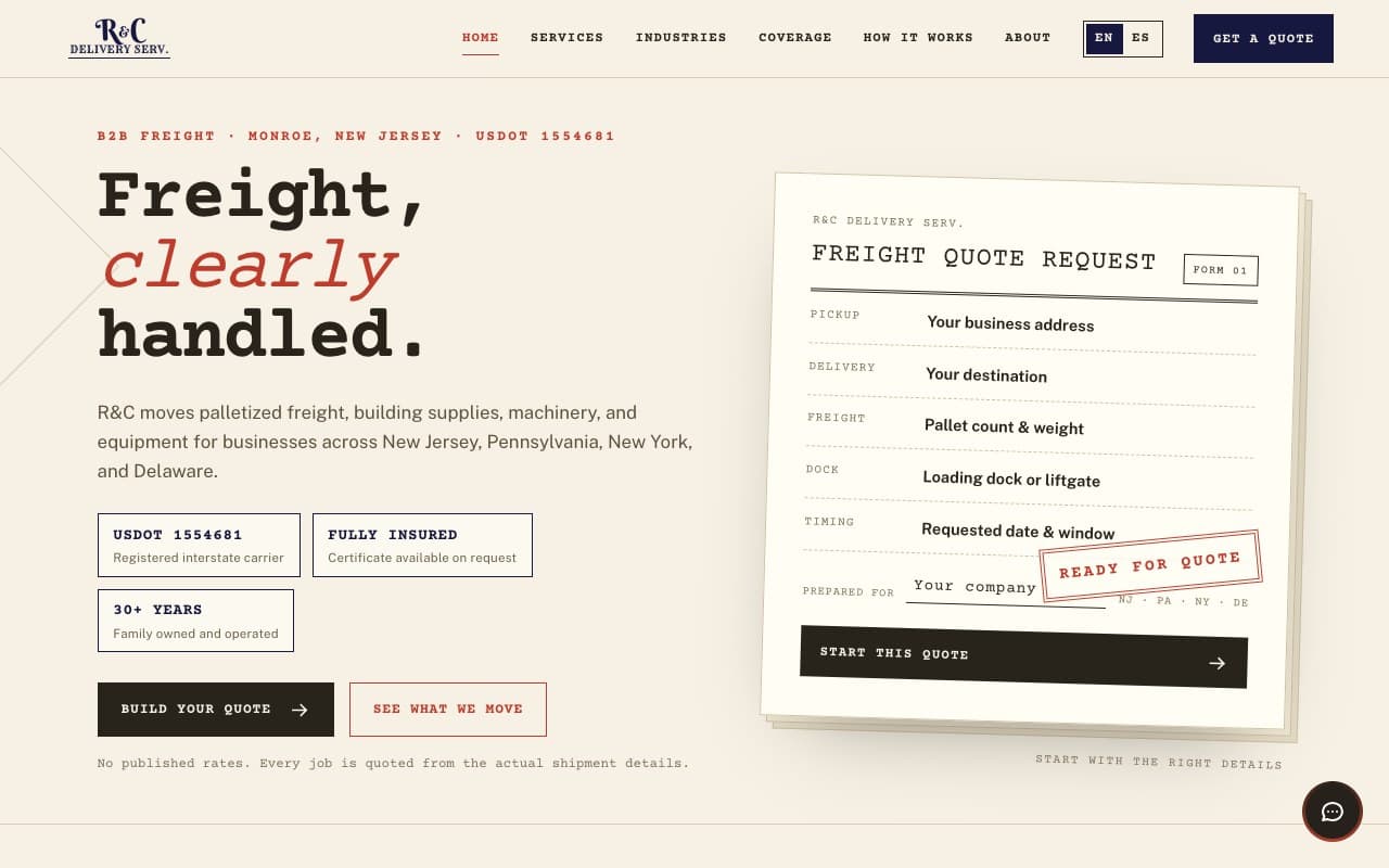R&C Delivery Serv. live website homepage