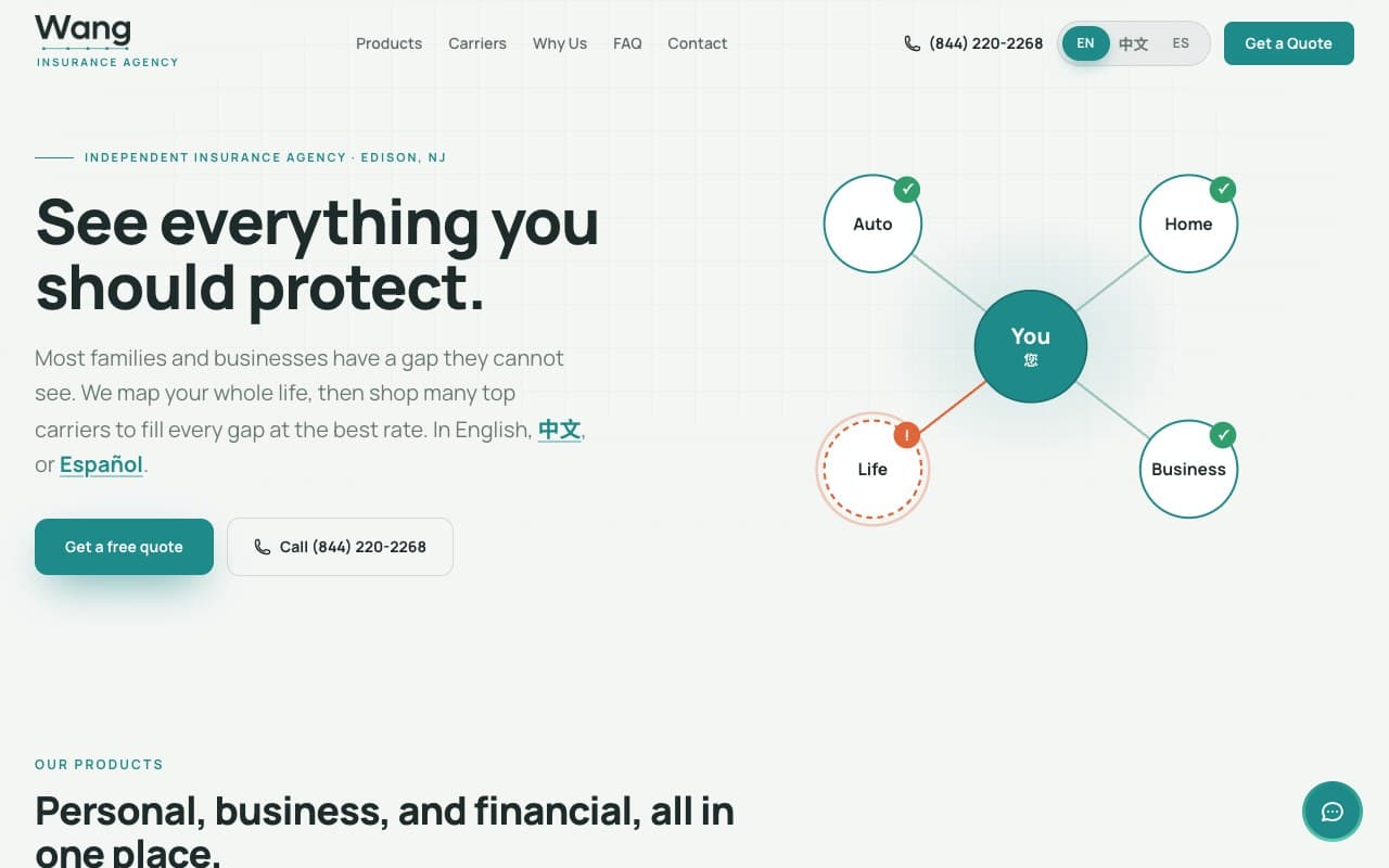 Wang Insurance Agency live website homepage